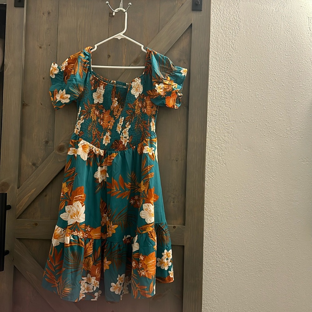 Tropical print off shoulder dress